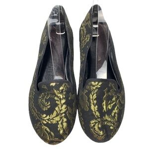 Cosmopolitan flats size 8 black gold Paisley smoking loafer regency holiday